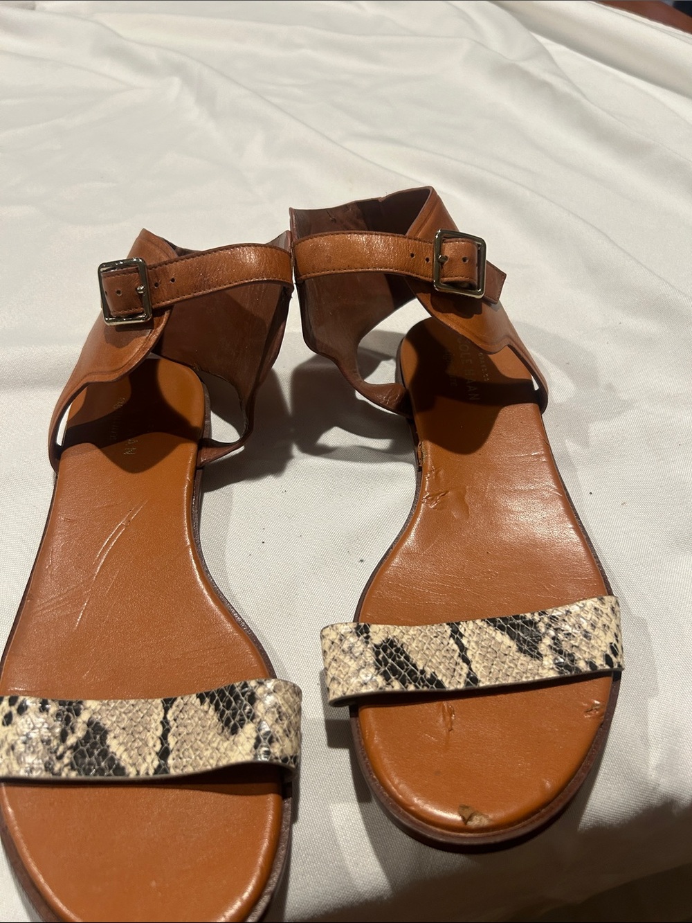 Cole Haan Brown Leather Sandals with Snake-Print Strap